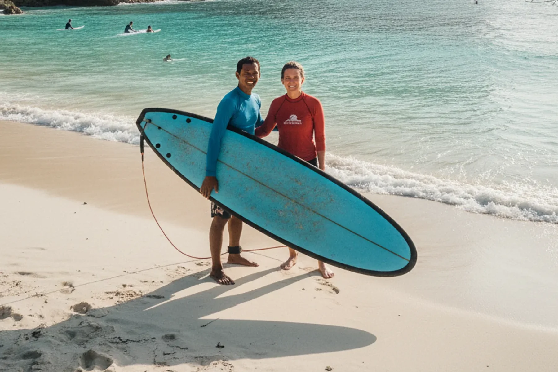 Surf school lesson on a white-sand Bukit beach below the Uluwatu cliffs